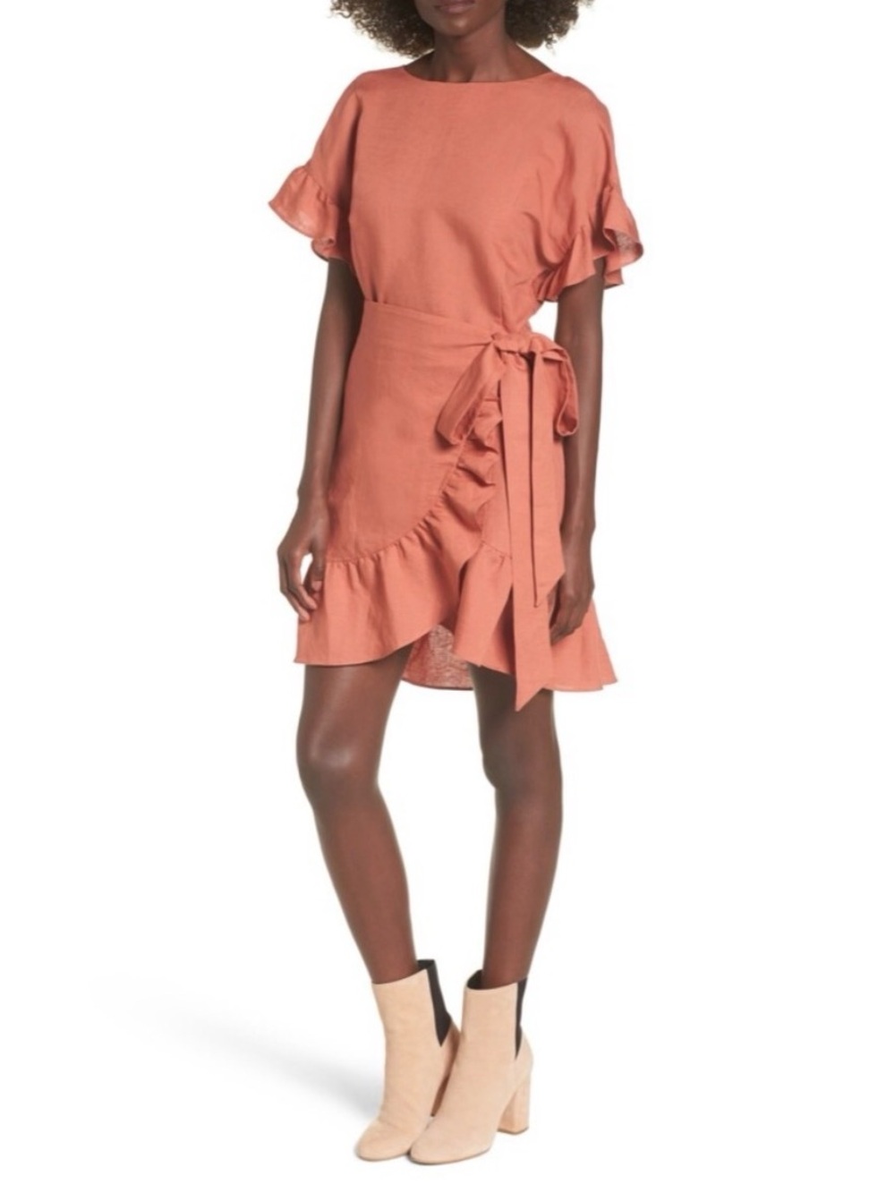 ASTR The Label Linen Blend Rust Terracotta Ruffle Wrap Mini Dress Medium